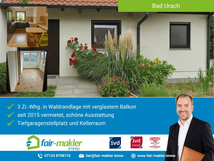 Hausansicht Bad Urach Erdgeschosswohnung FAIR-MAKLER: Wohnen am Waldrand mit Weitblick
