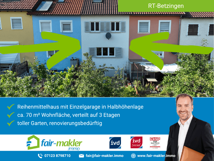 Gartenansicht Reutlingen Reihenmittelhaus FAIR-MAKLER: Machen Sie es zu Ihrem Familientraum