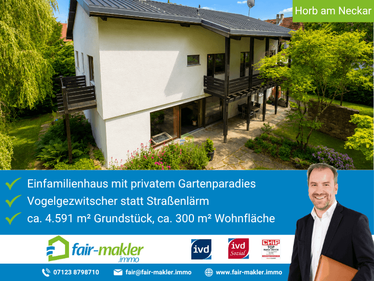Gartenansicht Horb am Neckar Einfamilienhaus FAIR-MAKLER: Wenn der Blick aus dem Fenster zum Lieblingsraum wird.